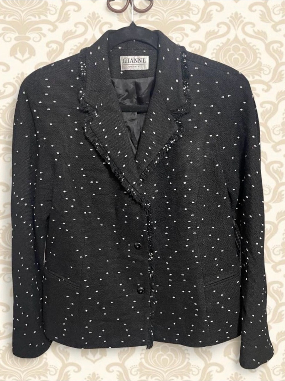 Ganni Black Tweed Blazer with White Polka Texture and Fringe Trim